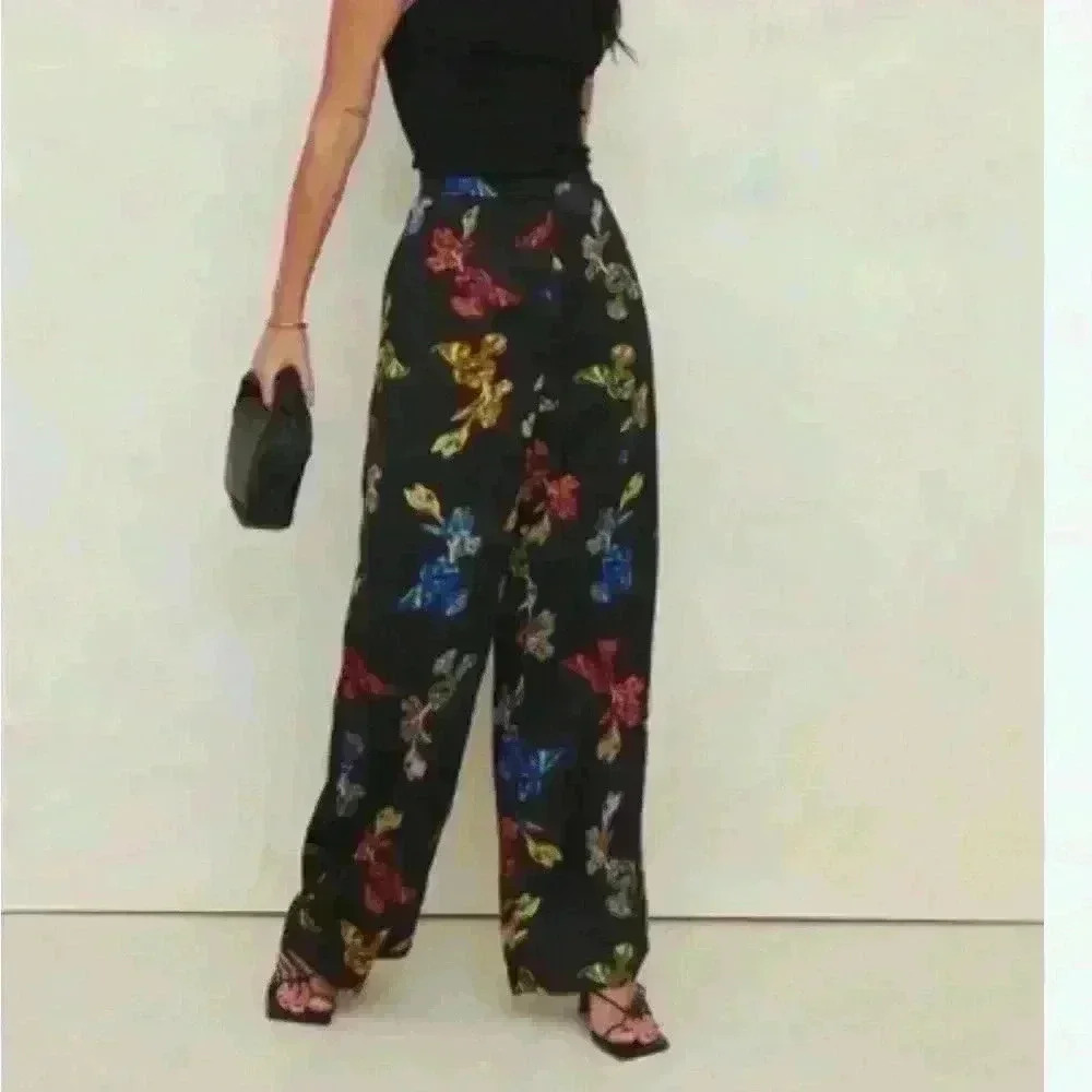 Nasty Gal high black floral waist wide legs pants sz 0